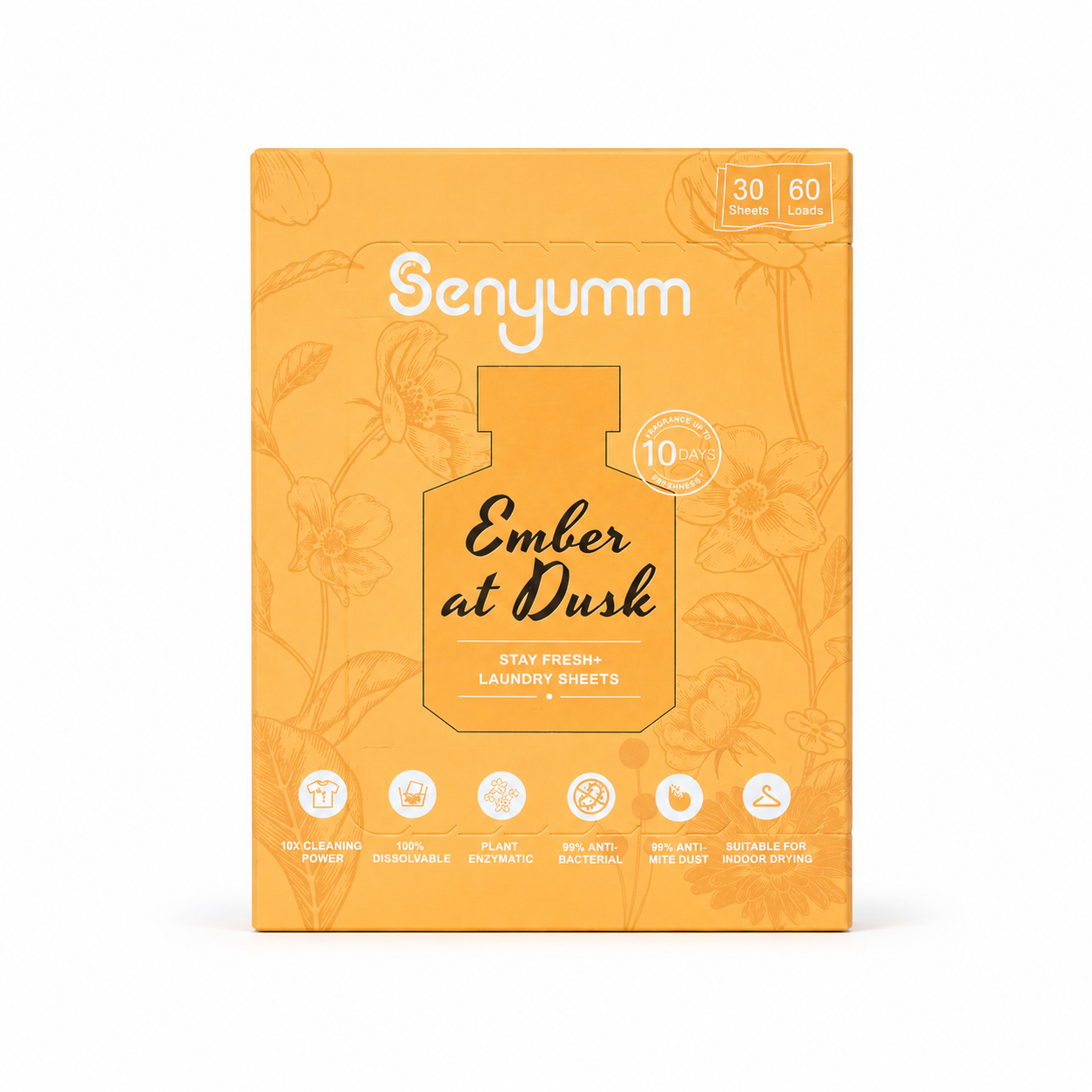 Senyumm Ember at Dusk Stay Fresh+ Laundry Sheets, 30 sheets/60 loads, 10-day fragrance freshness.
