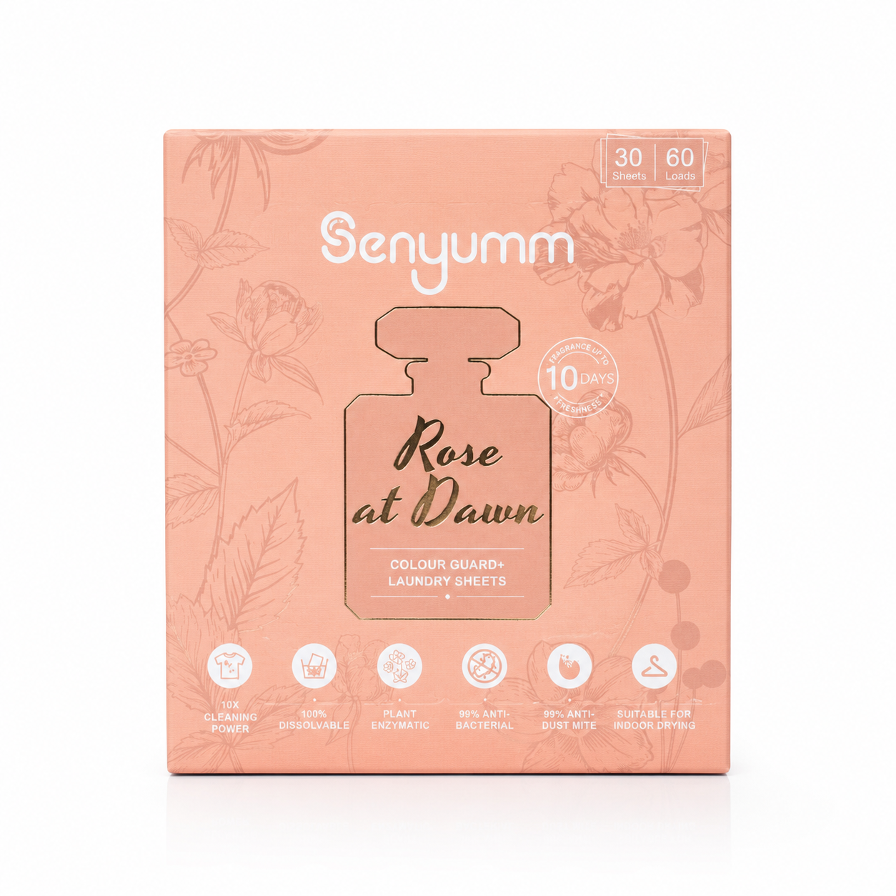 Senyumm Rose at Dawn Colour Guard+ laundry detergent sheets on white background, 30 sheets for up to 60 washes, 10-day long-lasting fragrance.