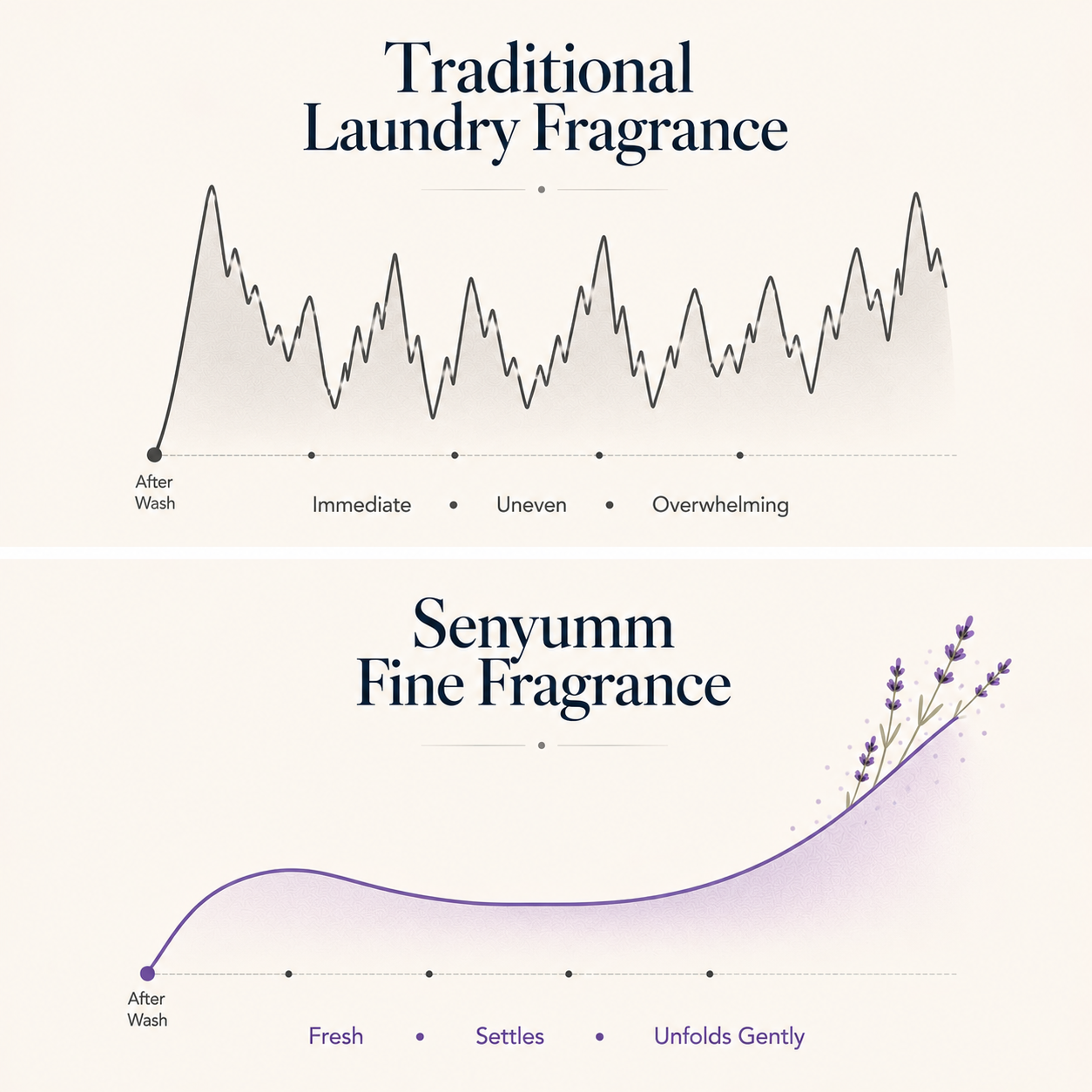 Chart comparing traditional laundry fragrance (immediate, uneven, overwhelming scent spikes) to Senyumm Fine Fragrance (fresh, settles, unfolds gently over time) — illustrating Senyumm's gradual fragrance release philosophy.