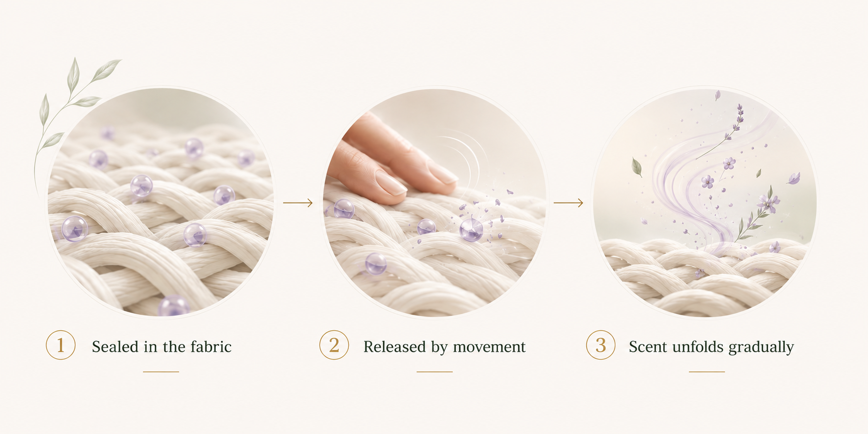 Three-step illustration of Senyumm's fragrance release: microcapsules sealed in fabric fibers, released by movement and friction, scent unfolding gradually — visualizing long-lasting fine fragrance technology.