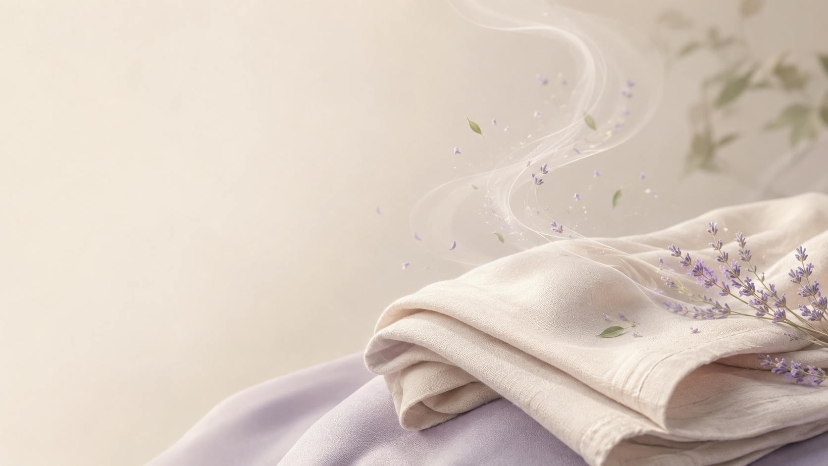 Folded ivory linen with fresh lavender sprigs and a soft scent trail swirling above, resting on lavender-toned fabric — Senyumm Lavender at Twilight fine fragrance laundry sheets, calm evening ritual.