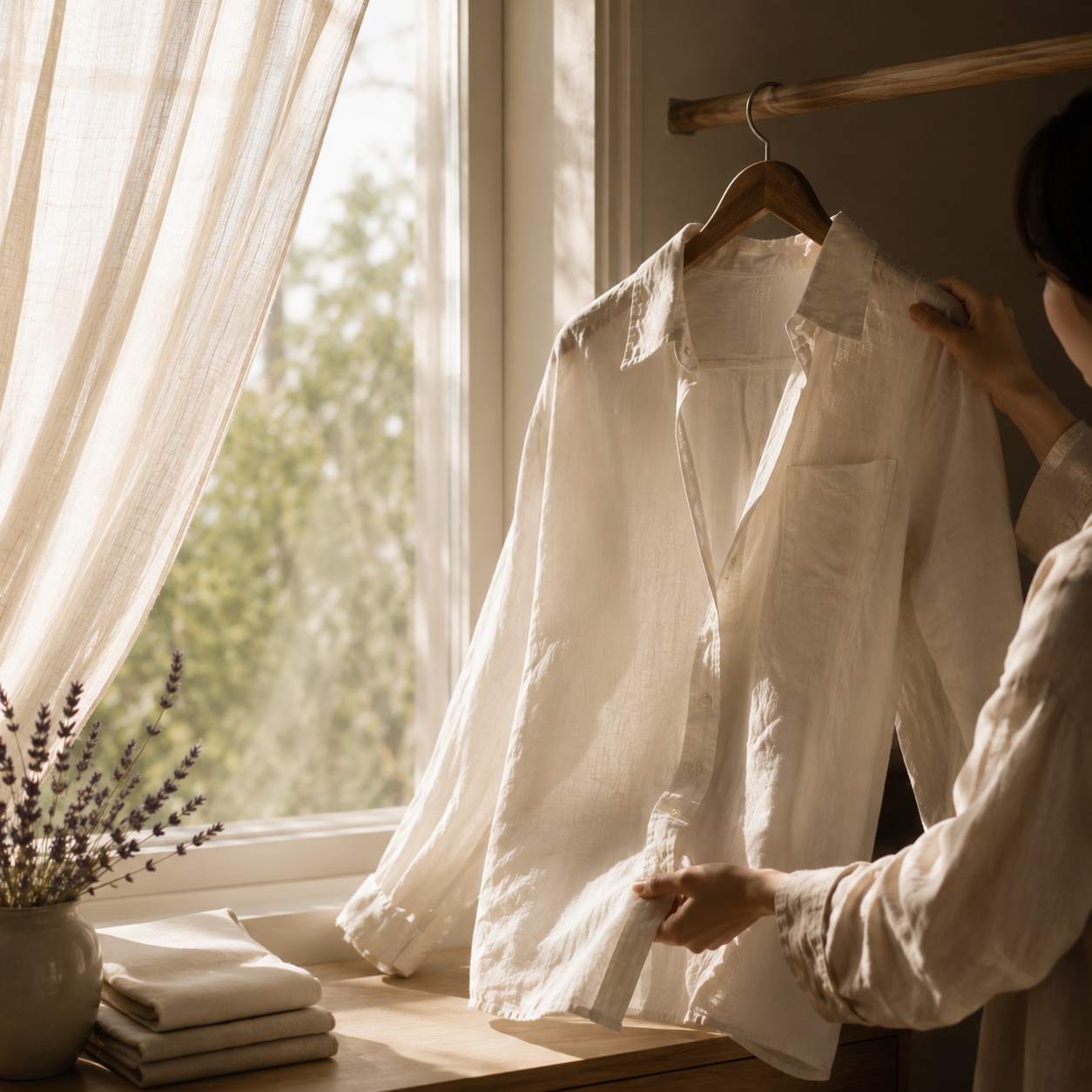 Woman hanging a freshly laundered white linen shirt by a sunlit window with lavender and folded towels — Senyumm fine fragrance laundry sheets, quiet everyday ritual.