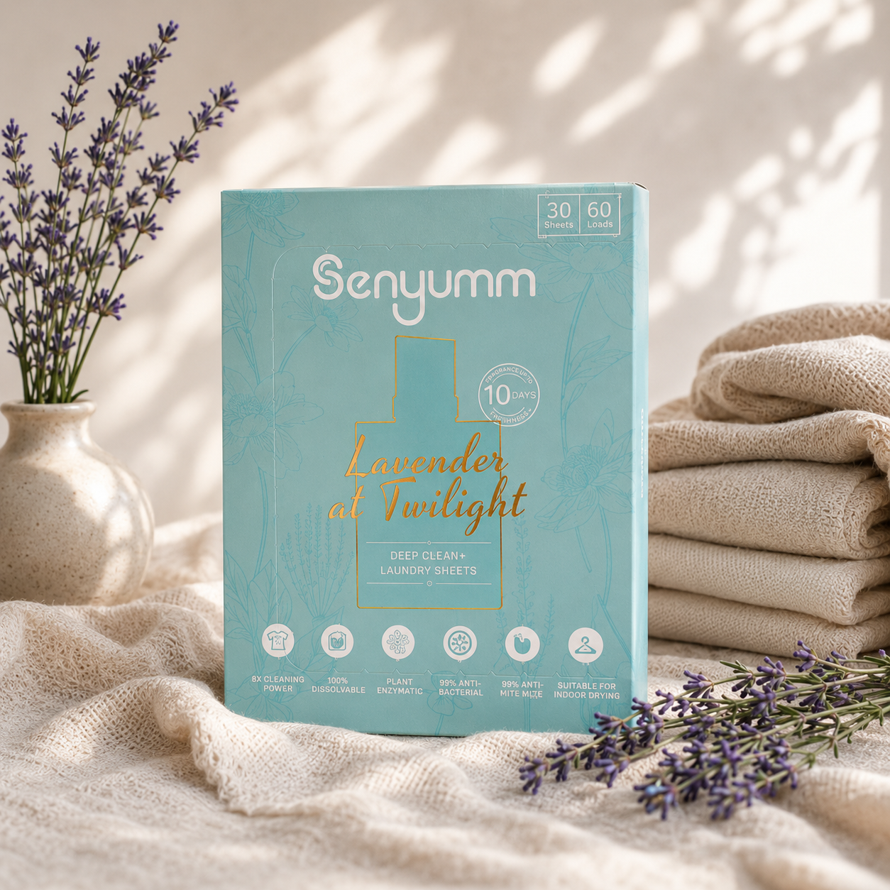 Senyumm Lavender at Twilight Deep Clean+ laundry detergent sheets, 30 sheets for up to 60 washes, 10-day long-lasting fragrance, dissolvable laundry sheet with lavender sprigs and folded towels.