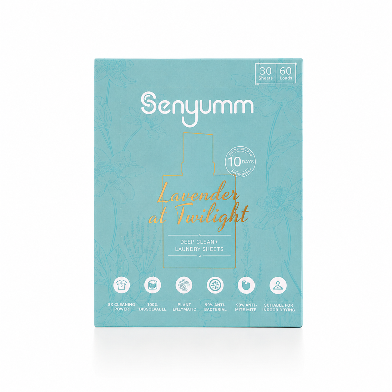 Senyumm Lavender at Twilight Deep Clean+ laundry detergent sheets on white background, 30 sheets for up to 60 washes, 10-day long-lasting fragrance.