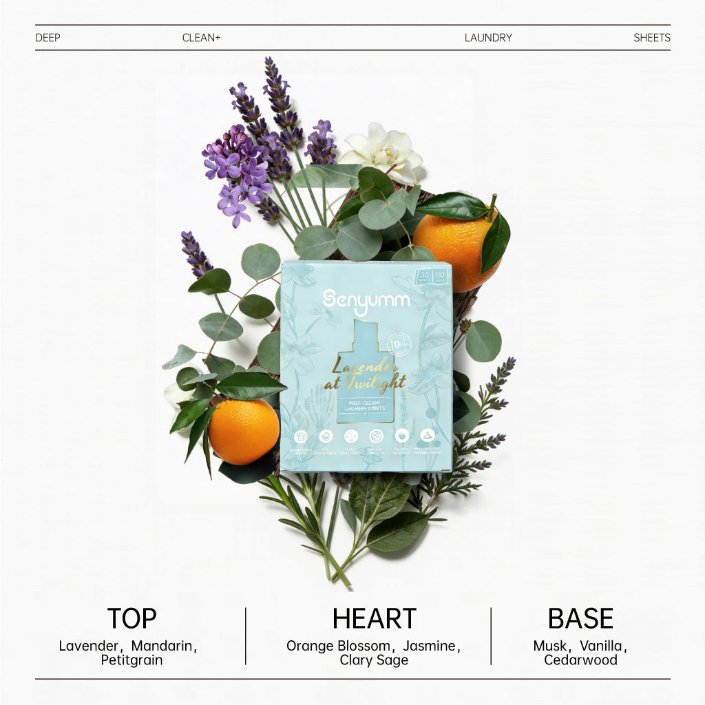 Senyumm Lavender at Twilight scent profile — top heart and base notes fine fragrance laundry sheet