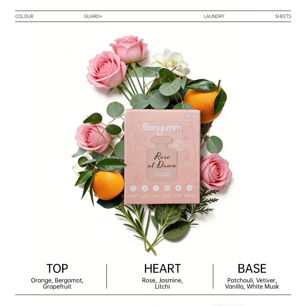 Senyumm Rose at Dawn scent profile — top heart and base notes fine fragrance laundry sheet