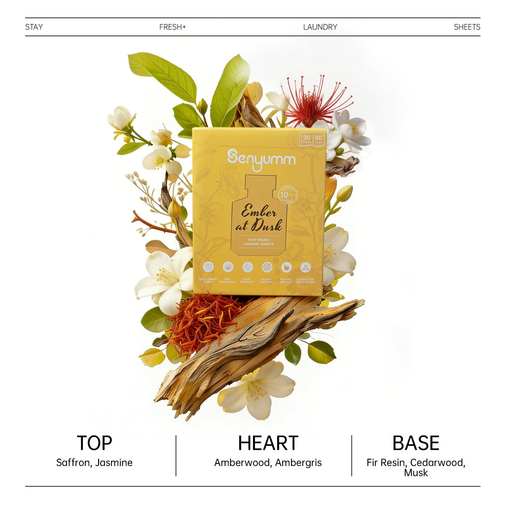 Senyumm Ember at Dusk scent profile — top heart and base notes fine fragrance laundry sheet