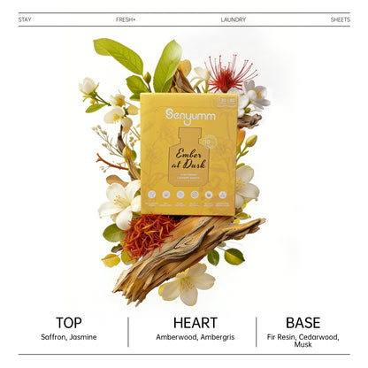 Senyumm Ember at Dusk scent profile — top heart and base notes fine fragrance laundry sheet