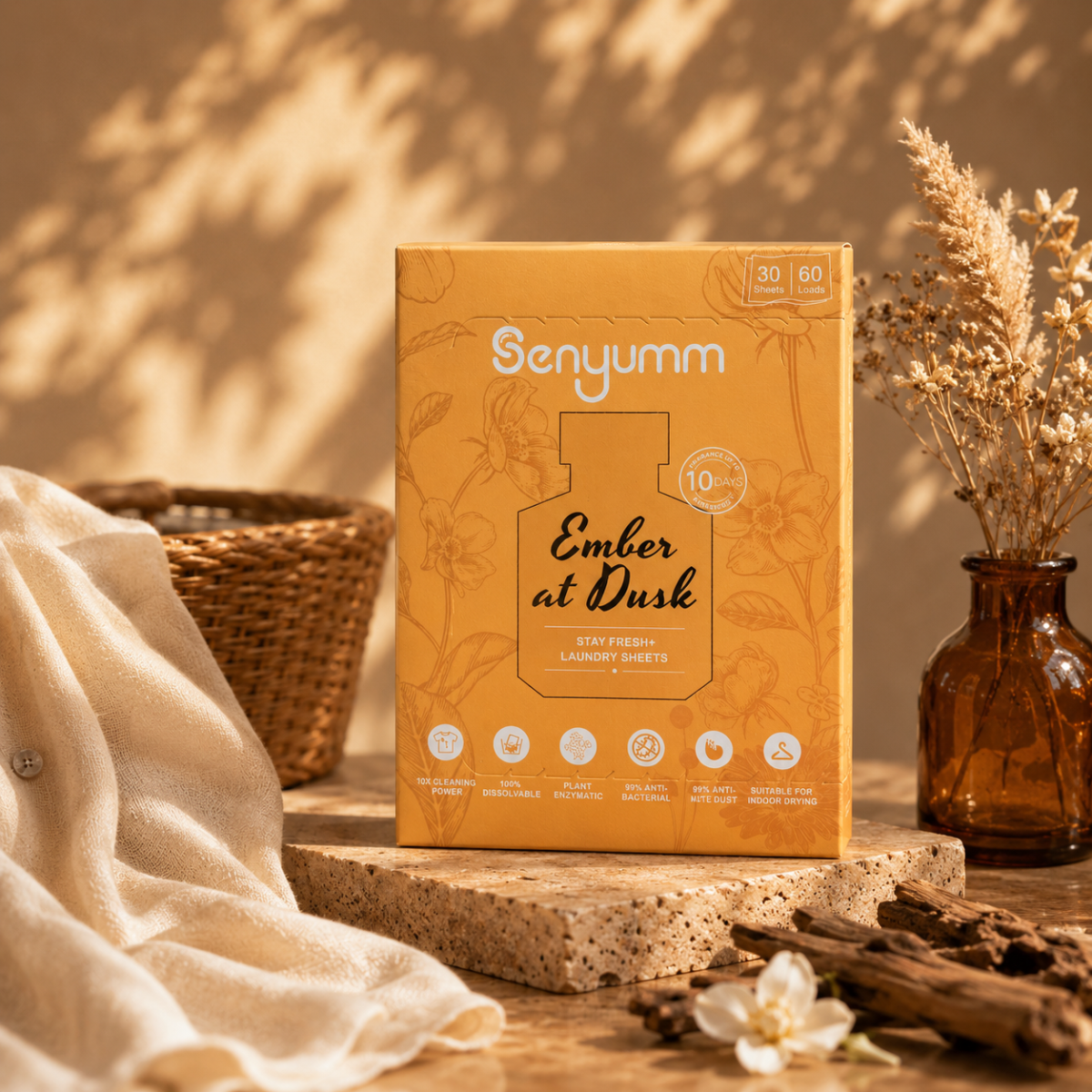 Senyumm Ember at Dusk Stay Fresh+ Laundry Sheets, 30 sheets/60 loads, warm amber packaging with 10-day fragrance.