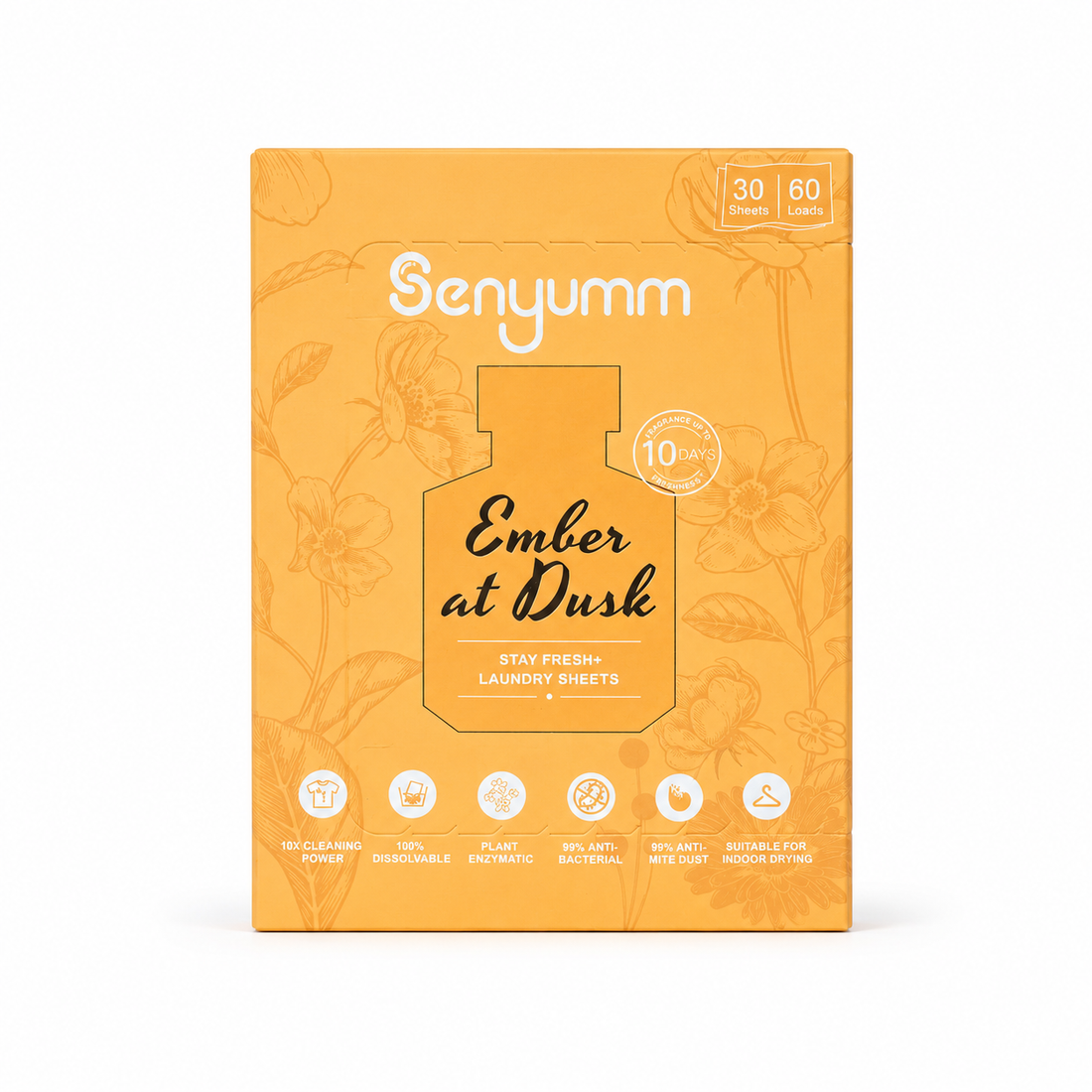 Senyumm Ember at Dusk Stay Fresh+ Laundry Sheets, 30 sheets/60 loads, 10-day fragrance freshness.