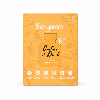 Senyumm Ember at Dusk Stay Fresh+ Laundry Sheets, 30 sheets/60 loads, 10-day fragrance freshness.