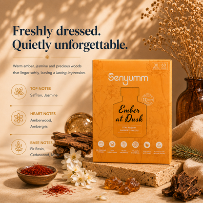 Senyumm Ember at Dusk laundry sheets fragrance notes: saffron, jasmine, amberwood, ambergris, cedarwood and musk — long-lasting amber-scented laundry detergent sheet.