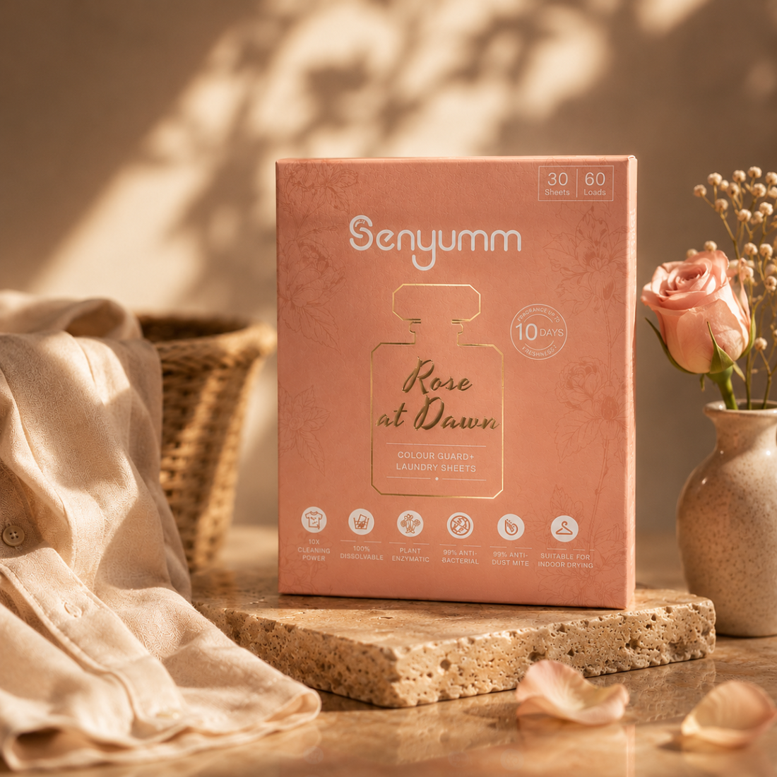 Senyumm Rose at Dawn Colour Guard+ laundry detergent sheets, 30 sheets for up to 60 washes, 10-day long-lasting fragrance, dissolvable rose-scented laundry sheet.