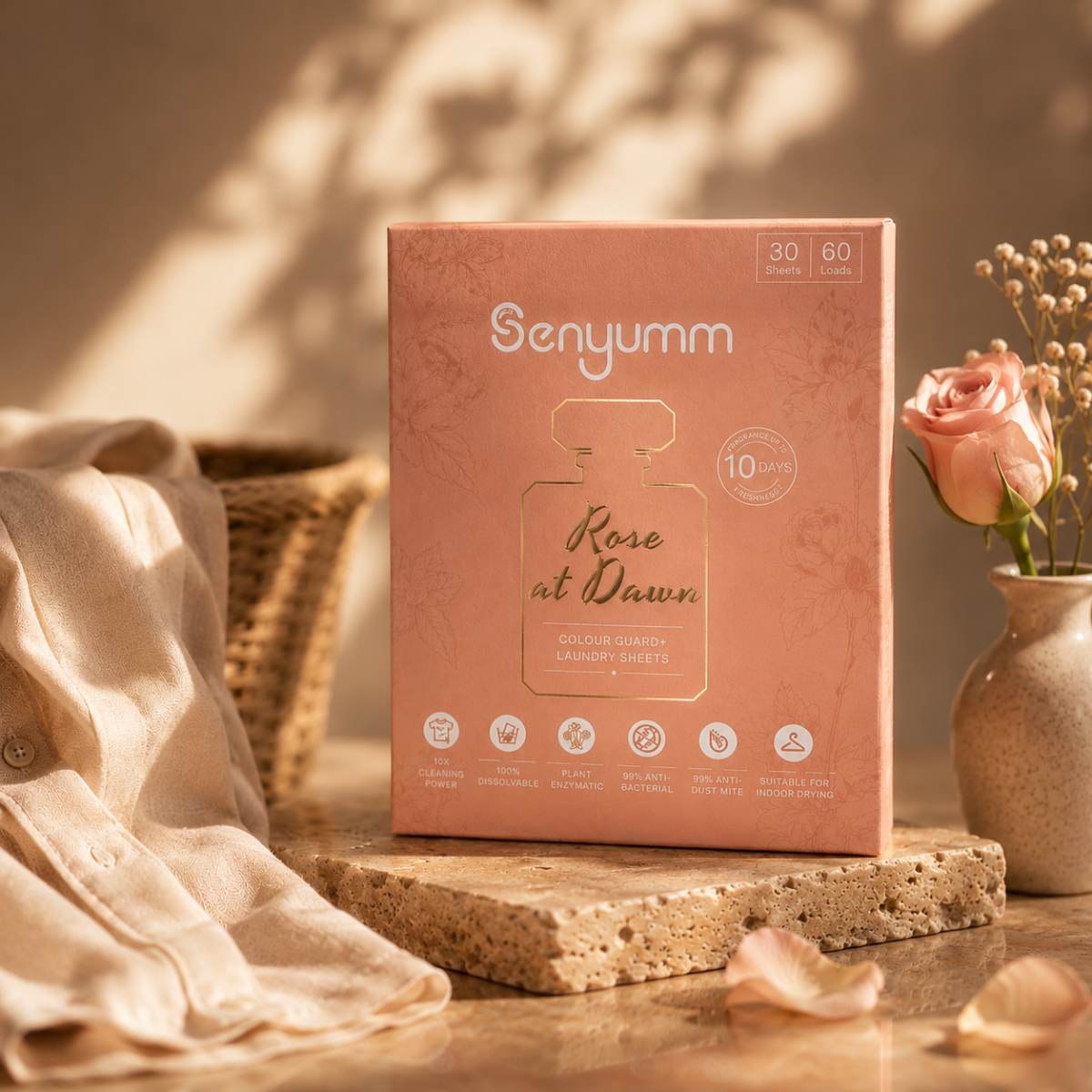 Senyumm Rose at Dawn Colour Guard+ laundry detergent sheets, 30 sheets for up to 60 washes, 10-day long-lasting fragrance, dissolvable rose-scented laundry sheet.