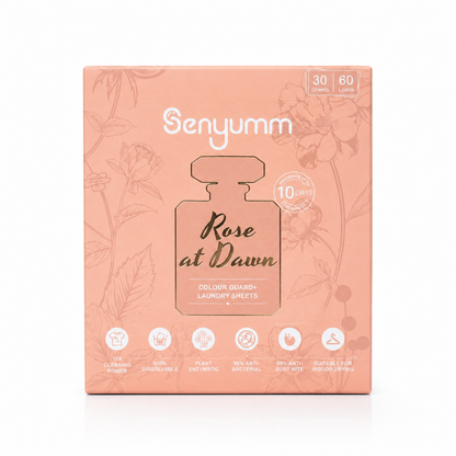 Senyumm Rose at Dawn Colour Guard+ laundry detergent sheets on white background, 30 sheets for up to 60 washes, 10-day long-lasting fragrance.