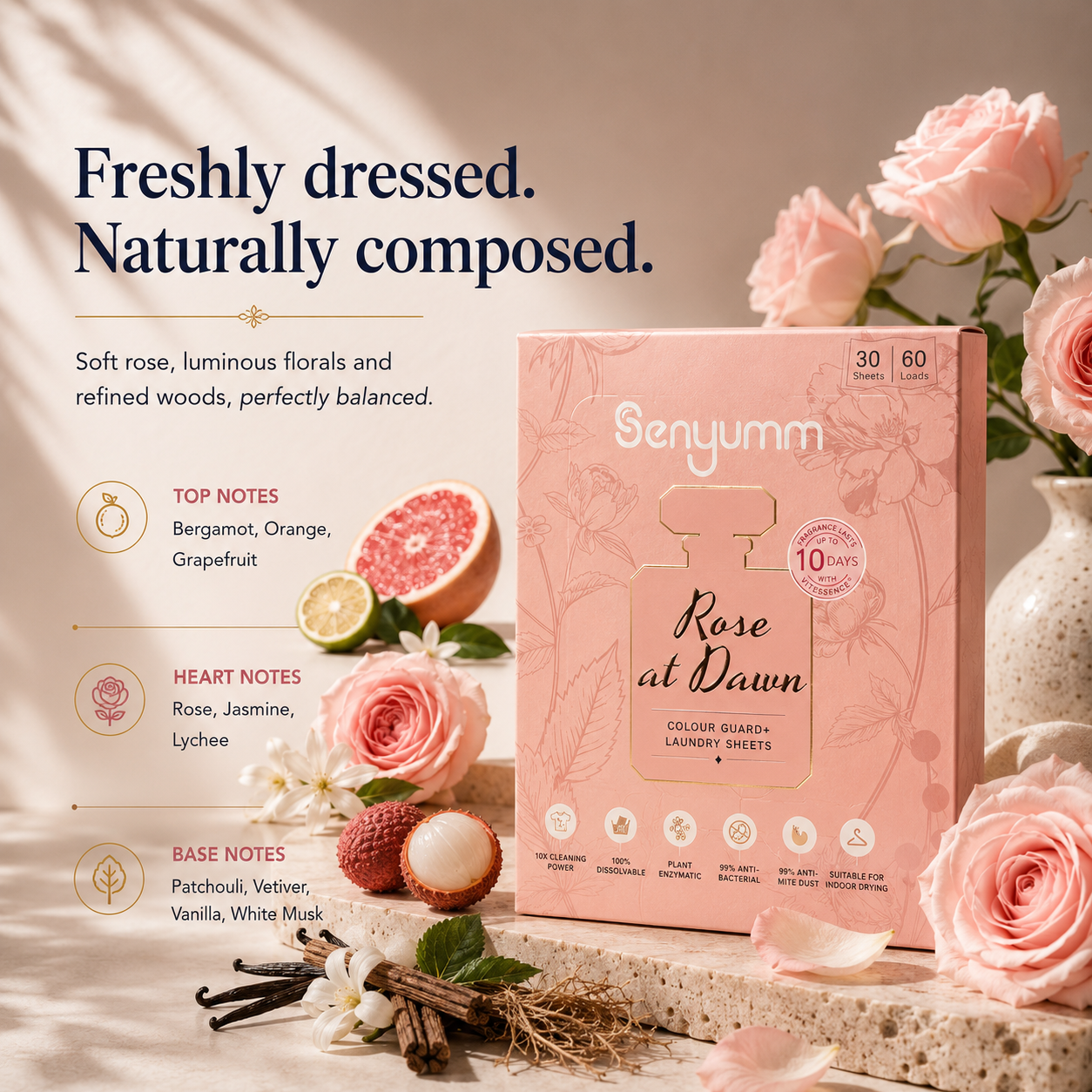 Senyumm Rose at Dawn laundry sheets fragrance notes: bergamot, orange, grapefruit, rose, jasmine, lychee, patchouli, vetiver, vanilla and white musk — long-lasting rose-scented laundry detergent sheet.