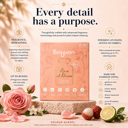 Senyumm Rose at Dawn Colour Guard+ laundry sheets infographic — fine fragrance technology, 10x plant-enzyme cleaning power, up to 10 days long-lasting fragrance, 99% antibacterial, 99% anti-dust mite, indoor drying friendly, 30 sheets for up to 60 washes.