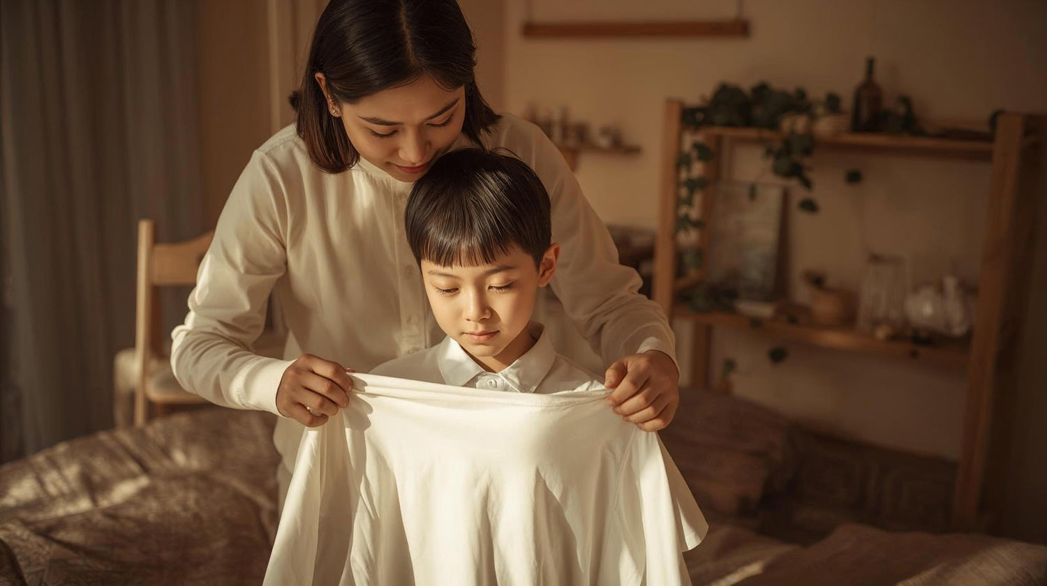 Woman and child looking at a white shirt in a room with wooden furniture and plants.