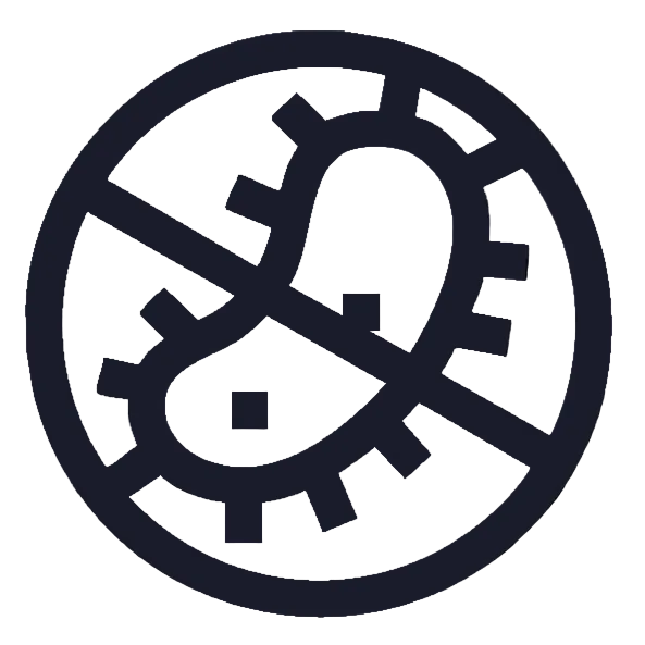 Black circular icon with a stylized face and crossed-out elements on a white background