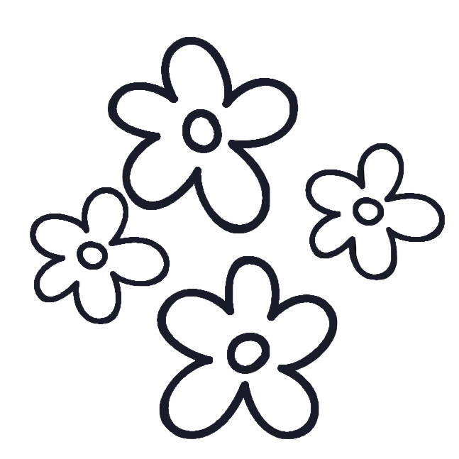 Four black outline flowers on a white background