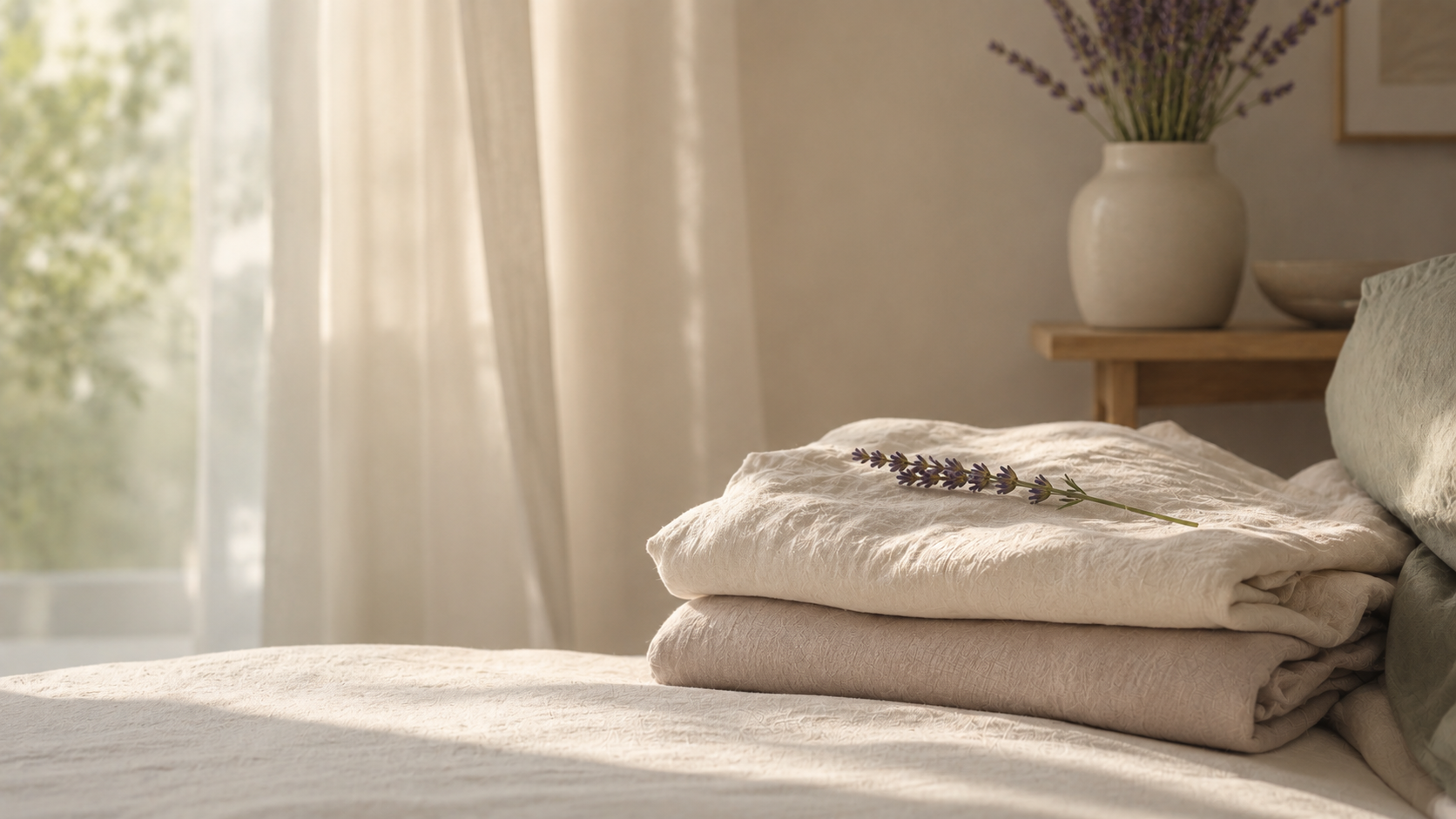 Folded linen towels with a lavender sprig on a sunlit bed, sheer curtains and soft morning light in the background — Senyumm Lavender at Twilight fine fragrance laundry sheets, quiet reset ritual.