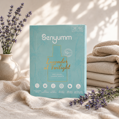 Senyumm Lavender at Twilight Deep Clean+ laundry detergent sheets, 30 sheets for up to 60 washes, 10-day long-lasting fragrance, dissolvable laundry sheet with lavender sprigs and folded towels.