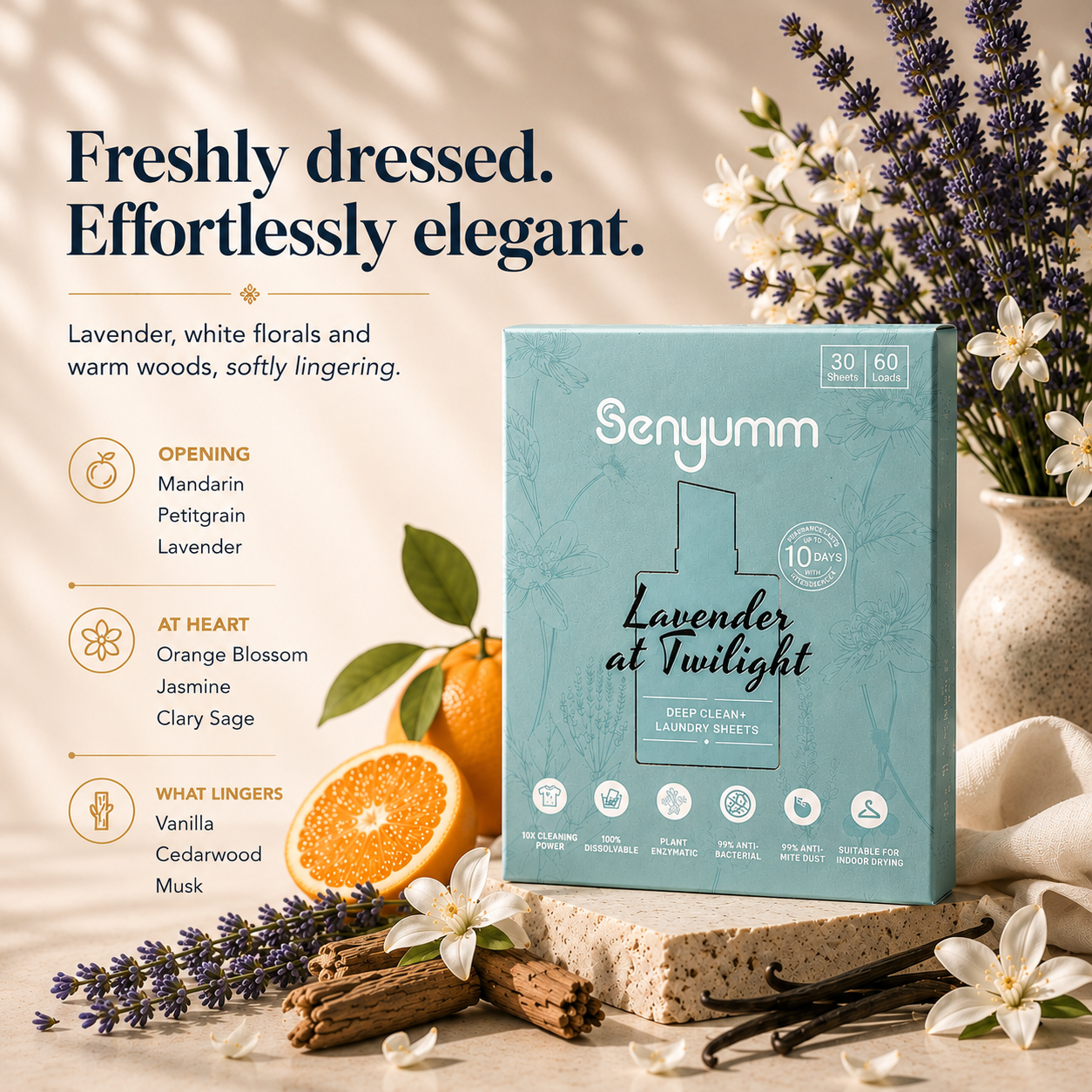 Senyumm Lavender at Twilight laundry sheets fragrance notes: mandarin, petitgrain, lavender, orange blossom, jasmine, clary sage, vanilla, cedarwood and musk — long-lasting lavender-scented laundry detergent sheet.